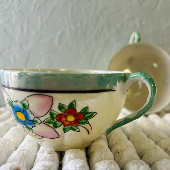 Lusterware Tea Cups Set of 2 Green White & Floral Art Deco VTG Hand Painted - Picture 5 of 9